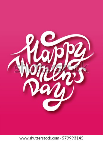 Vector greeting card 8 march happy women's day lettering with shadow on pink background