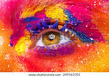 Eye Makeup. Beautiful Eyes Glitter Make-up. Holiday Makeup detail. False Lashes Colors.
