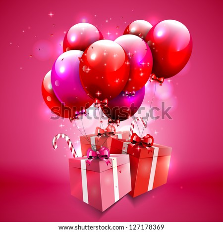 Sweet pink background with gift boxes and balloons