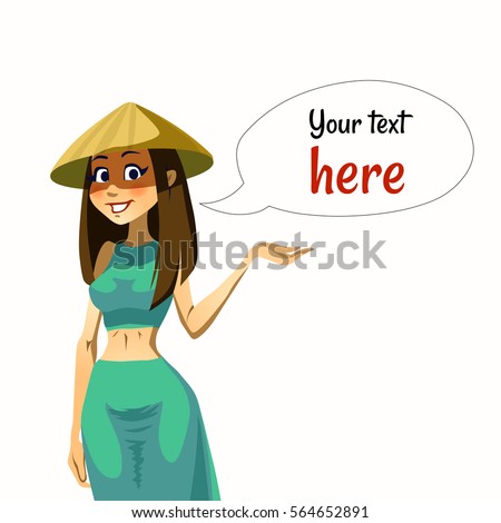 Vector cartoon girl in Asian conical hat. Isolated. White background. In Bangladesh, Bhutan, China, Cambodia, India, Indonesia, Japan, Korea, Malaysia,Philippines, parts of Manchuria and Vietnam.