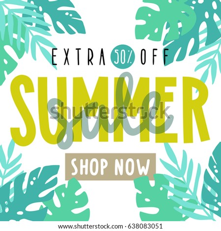 Summer sale flyer, poster. Tropical leafs. Vector hand drawn illustration