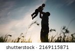 Small photo of father playing with son in the park. happy family kid dream concept. father throws baby up silhouette in summer at sunset. parent and child play lifestyle toss up silhouette outdoors in the park