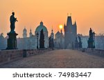 sunrise over Prague - look from Charles (Karluv) bridge