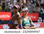 Small photo of GSTAAD, SWITZERLAND - JULY 9, 2023: Professional beach volleyball players Ana Patricia Ramos (L) and Eduarda Duda Santos Lisboa (R) after winning the Volleyball World Beach Pro Tour event in Gstaad.