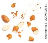 Almond with crumbs isolated on the white background. Almond s nuts pieces top view. Flat lay.