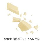 Small photo of  Levitating white milk chocolate chunks isolated on white background. Flying Chocolate pieces explosion, shavings and cocoa crumbs Top view. Flat lay