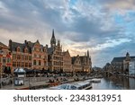 Small photo of Ghent Belgium, city skyline at St Michael's Bridge (Sint-Michielsbrug) with Leie River and Korenlei