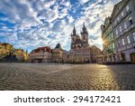Prague Old Town Square Czech Republic, sunrise city skyline at Astronomical Clock Tower