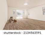 Small photo of Ladder and Painting Equipment In Raw Unfinished Room of House with Blank White Walls and Worn Wood Floors.
