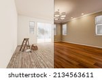 Small photo of Unfinished Raw and Newly Remodeled Room of House Before and After with Wood Floors, Moulding, Tan Paint and Ceiling Lights.
