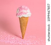 Small photo of funny creative concept of wafer cone with ice cream covered and strewed sprinkles on pink background, copy space