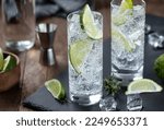 Small photo of Gin and tonic cocktail with lime slices, and ice in a tall glass on a black slate board