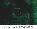 Vector halftone eye background made by letters. Artificial intelligence technology futuristic background. Green binary coding letters on black  .