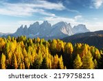 Incredible autumn view at Valfreda valley in Italian Dolomite Alps. Yellow and orange larches forest and snowy mountains peaks on background. Dolomites, Italy. Landscape photography