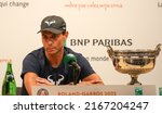 Small photo of PARIS, FRANCE - JUNE 5, 2022: 2022 Roland Garros Champion Rafael Nadal of Spain during press conference after his victory over Casper Ruud of Norway at Court Philippe Chatrier in Paris, France