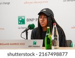 Small photo of PARIS, FRANCE - JUNE 4, 2022: Roland Garros 2022 finalist Coco Guaff of USA during press conference after her loss over Iga Swiatek of Poland at Court Philippe Chatrier in Paris, France