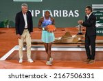 Small photo of PARIS, FRANCE - JUNE 4, 2022: 2022 Roland Garros Finalist Coco Gauff of United States during trophy presentation after her loss to Iga Swiatek of Poland at Court Philippe Chatrier in Paris, France