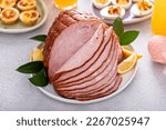 Traditional Easter ham on the table served with Easter brunch