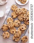 Small photo of Chocolate chip cookies on a cooling rack with flaky salt served with cold milk overhead shot