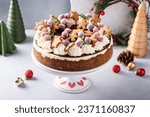 Christmas cake decorated with gingerbread cookies and sugared cranberries, festive holiday cheesecake idea