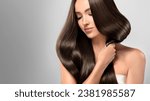 Small photo of Beautiful model girl with shiny brown and straight long hair . Keratin straightening . Treatment, care and spa procedures. Smooth hairstyle