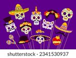 Mexican day of dead photo booth masks. Dia de los muertos holiday party masks. Vector calavera sugar skulls, sombrero, mustaches and cat head with maracas and hat with intricate and vibrant details