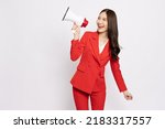 Young Asian business woman in red suit holding megaphone isolated on white background, Speech and announce concept