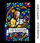 Small photo of PRAGUE, CZECH REPUBLIC - APRIL 2, 2016: Stained Glass window in St. Vitus Cathedral, Prague, depicting Zechariah, also known as Zachary or Zacharias, the father of John the Baptist
