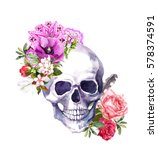 Human Skull With Flowers ...