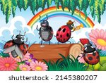 Happy insect in nature fairy tale scene illustration