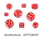 A collection of red dice at different angles isolated on a white background.