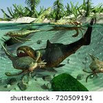 A 3-D illustration of a typical scene from a Devonian Period (419.2 million years ago) sea and shoreline. Depicted are: Eurypterids (Sea Scorpions),Trilobite (sea bottom), Dunkleosteus (fish)