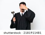 Young judge caucasian man isolated on white background covering eyes by hands. Do not want to see something