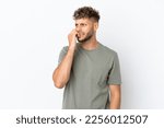 Small photo of Young caucasian handsome man isolated on white background is a little bit nervous