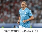 Small photo of Athens, Greece - August 16,2023: Player of Manchester City Erling Haaland in action during the UEFA Super Cup Final match between Manchester City and Sevilla at Stadio Karaiskakis, Piraeus