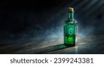 Small photo of Glass poison bottle with skull and bones. Concept background on poison poisoning, pharmaceutical, chemistry, medical, old science topic. Poison, venom, toxin, toxic, bane, virus background.