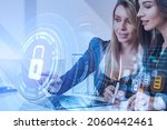 Office woman hand point at hud with lock, graphs and network symbols. Business teamwork, communication and data storage. Concept of cyber security and finance
