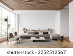 White living room interior with sofa and armchair, shelf with art decoration, carpet on hardwood floor. Panoramic window on tropics. Mockup copy space wall. 3D rendering