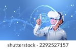 Small photo of Child in vr glasses, finger touching glowing digital AI brain hud hologram, chip and digital lines. Concept of artificial intelligence, machine learning and education