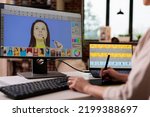 Small photo of Creative freelancer editing picture with retouching software, using graphic tablet to edit image for multimedia production. Visual content creator using photography retouch interface.