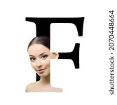 Small photo of Letter F, concept alphabet design with beauty portrait of young attractive woman's face. Conceptual fashion fount
