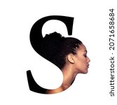 Small photo of Letter S, concept alphabet design with beauty portrait of young attractive woman's face. Conceptual fashion fount
