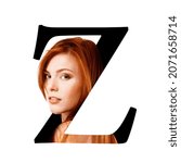 Small photo of Letter Z, concept alphabet design with beauty portrait of young attractive woman's face. Conceptual fashion fount