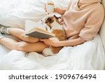 Reading at home in bed with pet. Cozy home weekend with note book, dog and hot tea. Pink and white. Chilling winter mood. Relaxed slim woman in bed holding notebook and drinking tea. warm wool socks