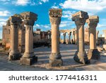 Columns and ruins of the ancient Zvartnots temple, a landmark of Armenia
