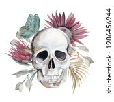 watercolor human skull  exotic... | Shutterstock . vector #1986456944