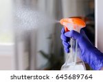 Woman cleaning a window with cleaning sprayer.