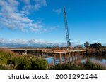 Small photo of Foxton, Horowhenua, New Zealand, 08..04.2017.. Temporarily a bridge is put across the Manawatu river.