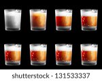 Small photo of Eight small lusterless drinking glasses in different designs isolated to black. Glasses are covered with little water dots which create interesting texture.