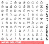100 holiday icons set. outline... | Shutterstock .eps vector #2112414551
